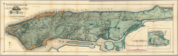 Large detailed sanitary and topographical old map of Manhattan 1865 (New York city).