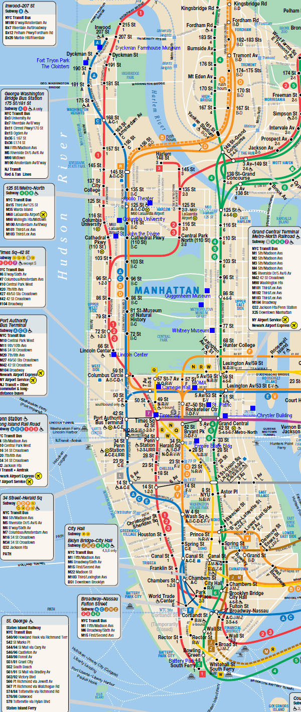 Large detailed subway map of Manhattan.