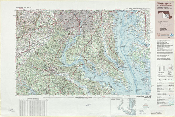 Large detailed topographic and bathymetric map of Washington D.C..