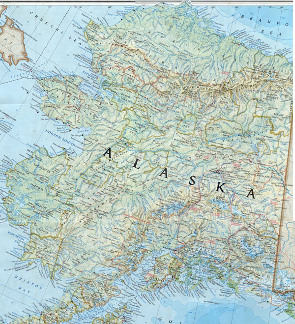 Large detailed topographical map of Alaska.