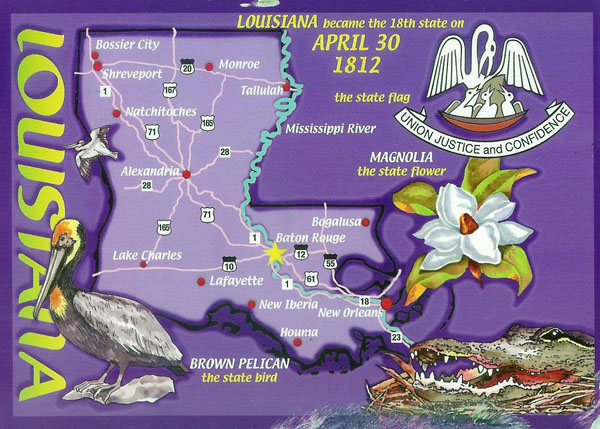 Detailed tourist illustrated map of Louisiana state.