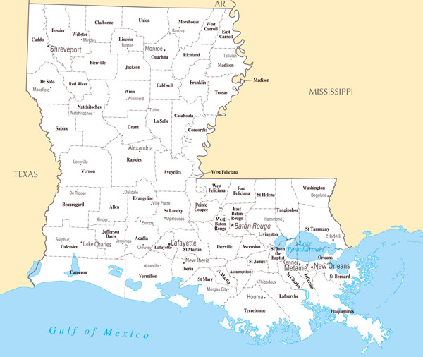 Large administrative map of Louisiana state with major cities.