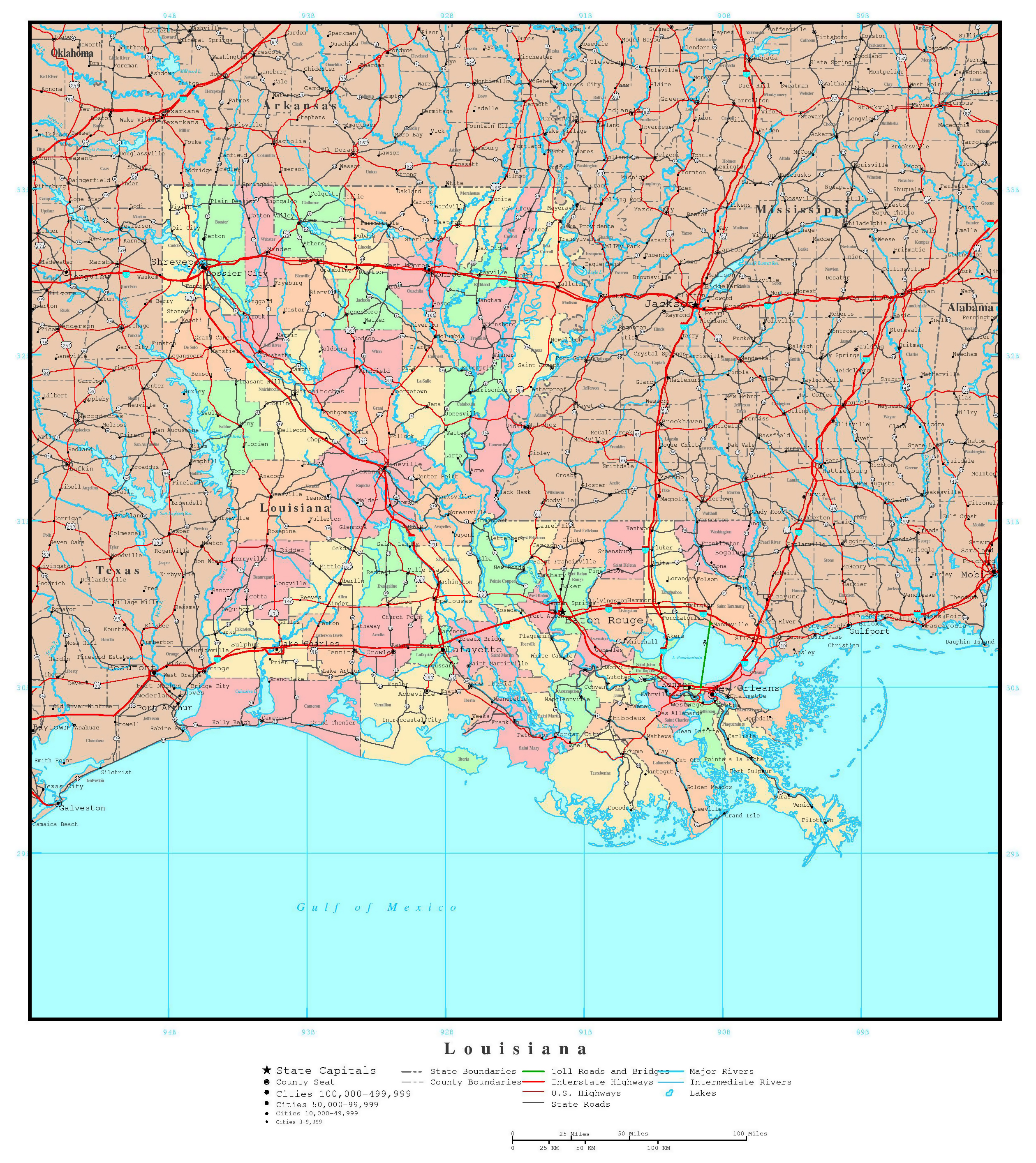 Large detailed administrative map of Louisiana state with highways and cities | www.ermes-unice.fr ...