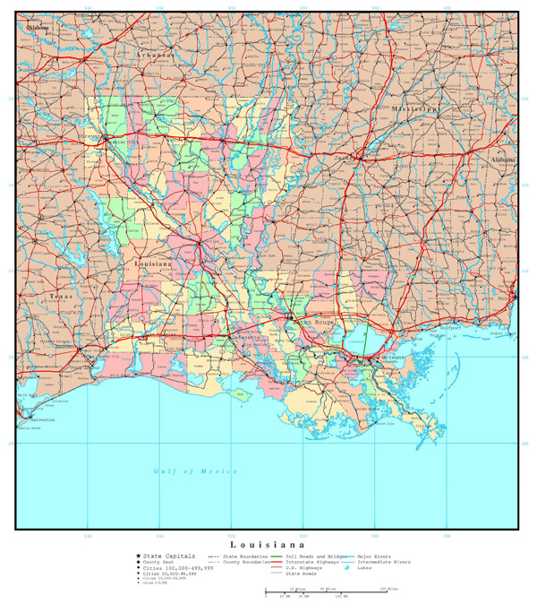 Large detailed administrative map of Louisiana state with highways and cities.