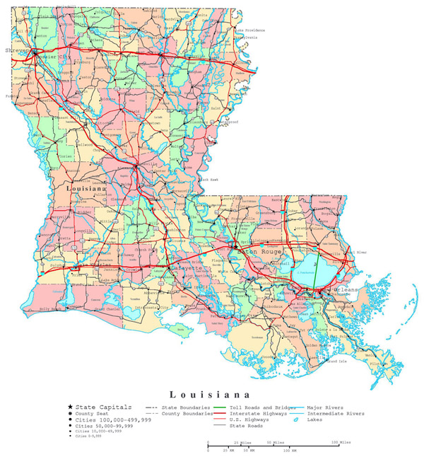 Large detailed administrative map of Louisiana state with highways and major cities.