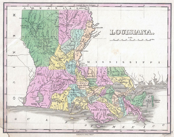 Large detailed old administrative map of Louisiana state - 1827.