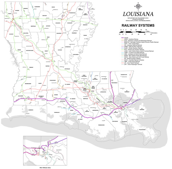 Large detailed railways system map of Louisiana state.