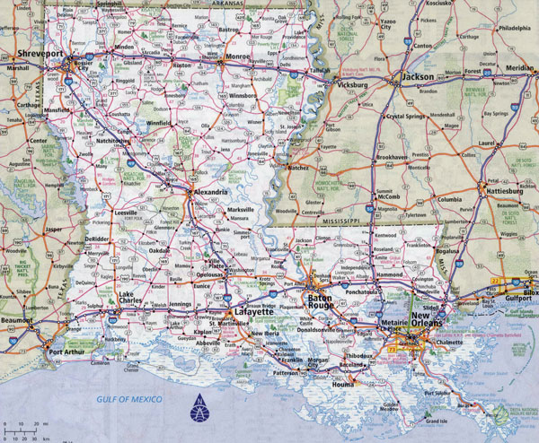 Large detailed roads and highways map of Louisiana state with all cities.