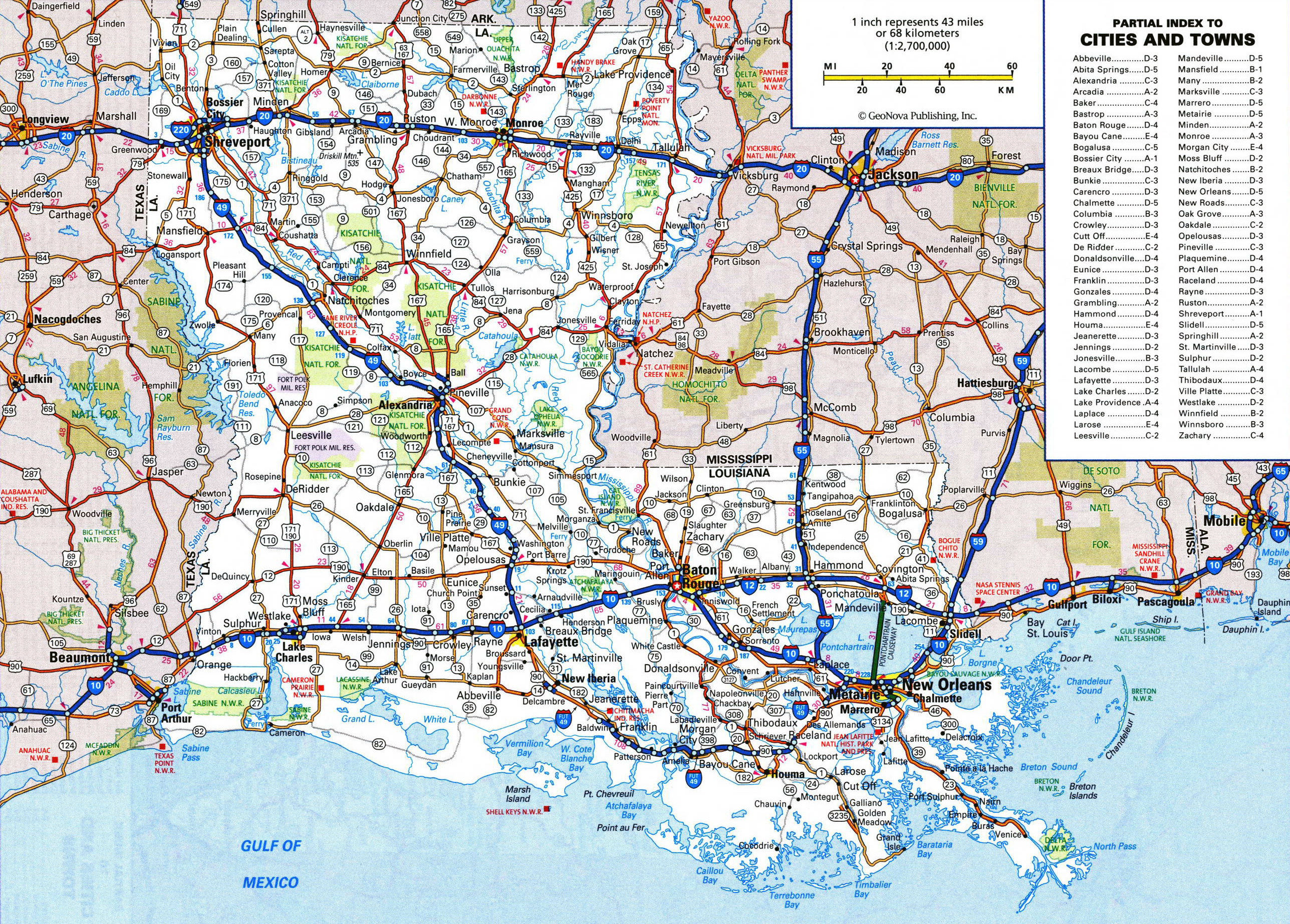 Large detailed roads and highways map of Louisiana state with national