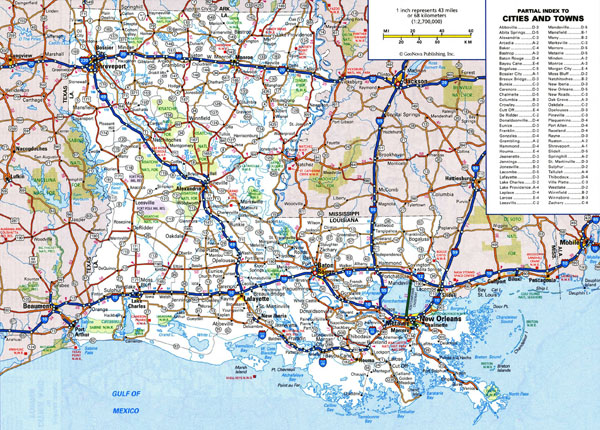 Large detailed roads and highways map of Louisiana state with national parks and all cities.