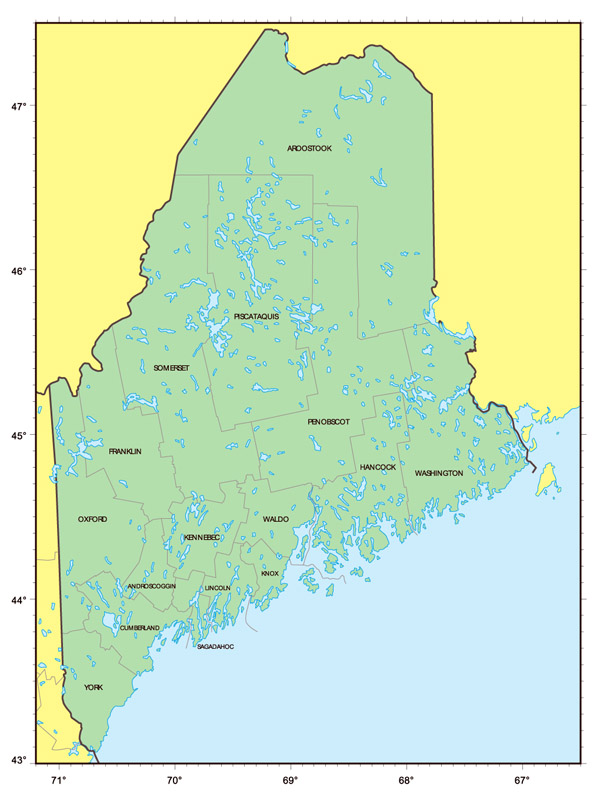 Detailed administrative map of Maine state.