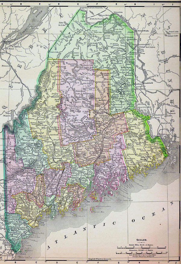 Detailed old administrative map of Maine state - 1895.