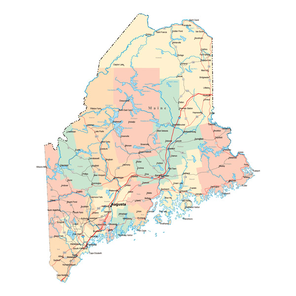Large detailed administrative map of Maine state with highways and cities.