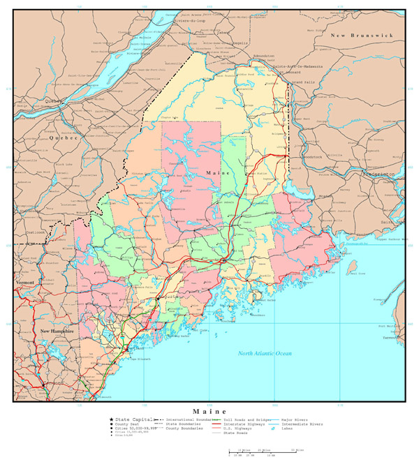 Large detailed administrative map of Maine state with highways and major cities.