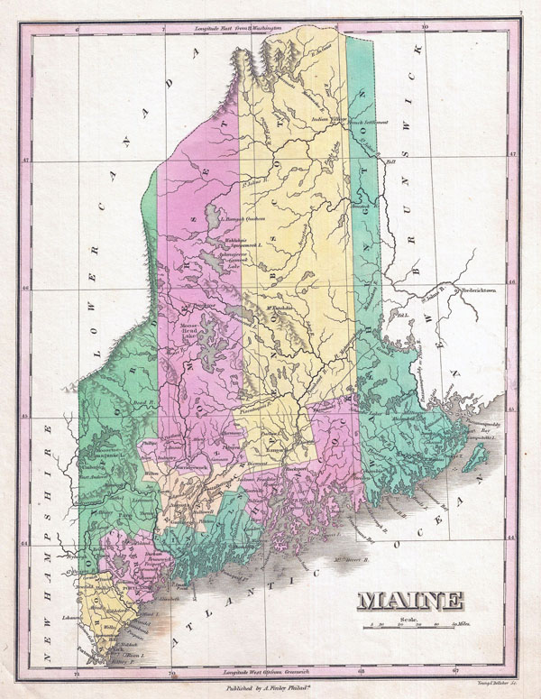 Large detailed old administrative map of Maine state - 1827.