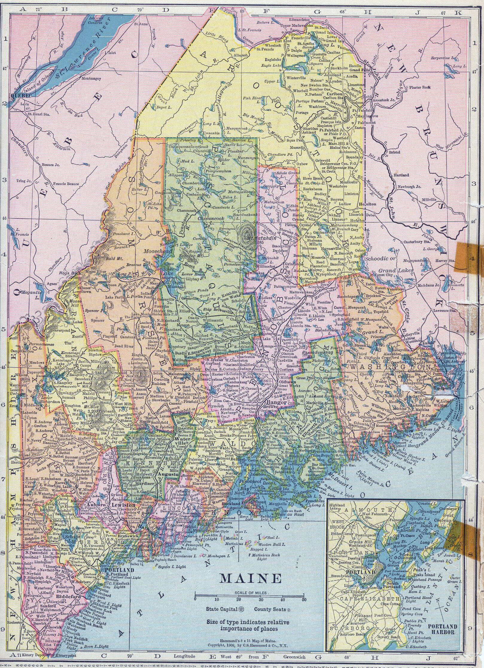 Large Detailed Old Administrative Map Of Maine State 1910