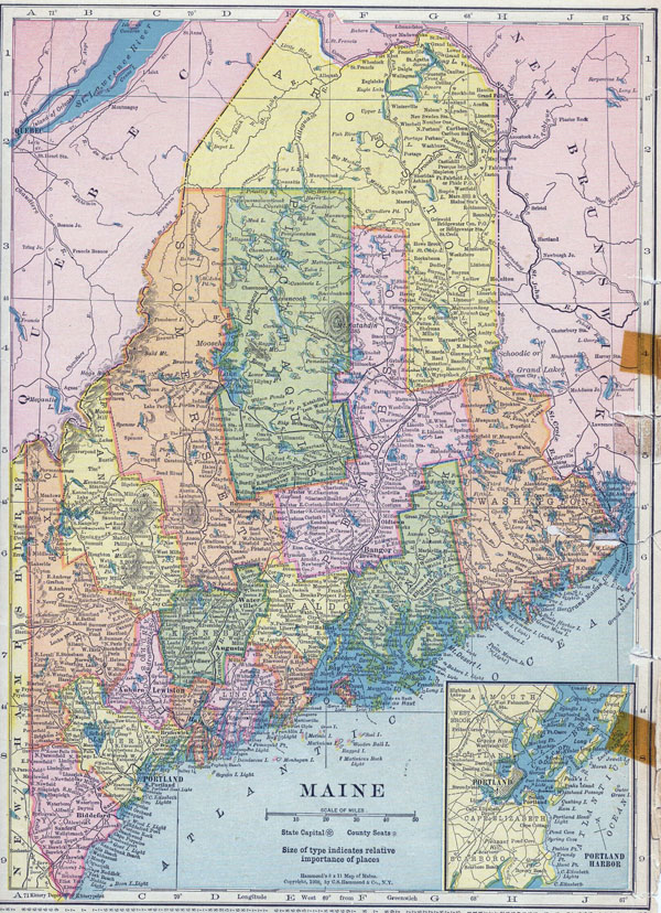 Large detailed old administrative map of Maine state - 1910.