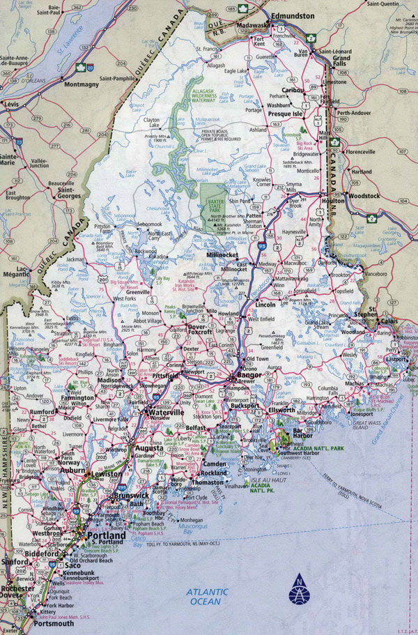 Large detailed roads and highways map of Maine state with all cities.