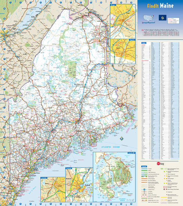 Large detailed roads and highways map of Maine state with national parks and all cities.