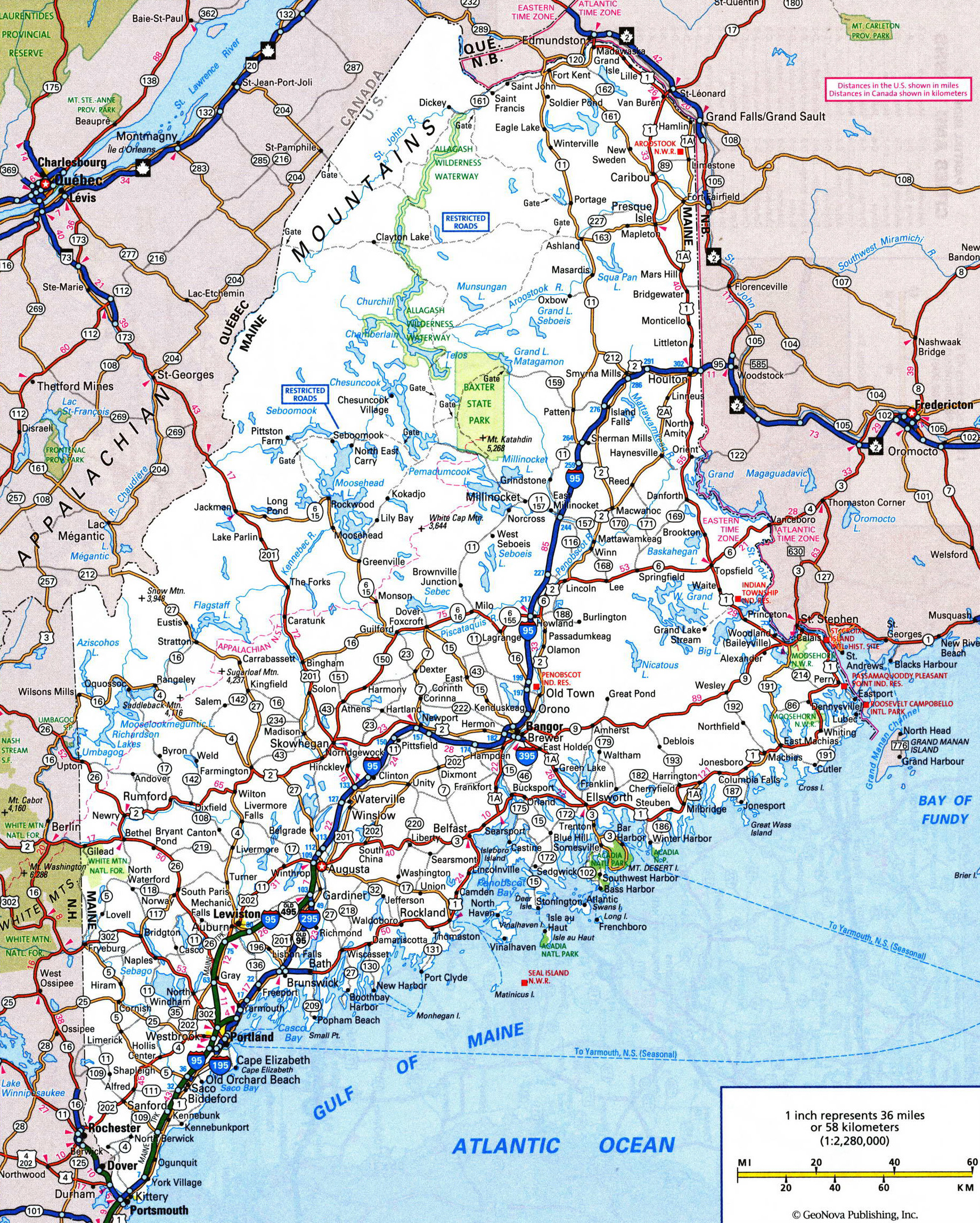 Large detailed roads and highways map of Maine with all cities