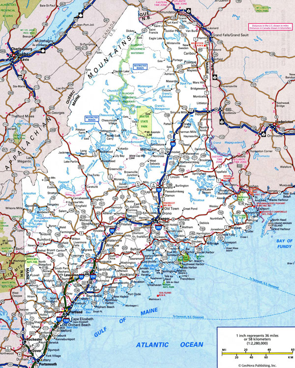 Large detailed roads and highways map of Maine with all cities.