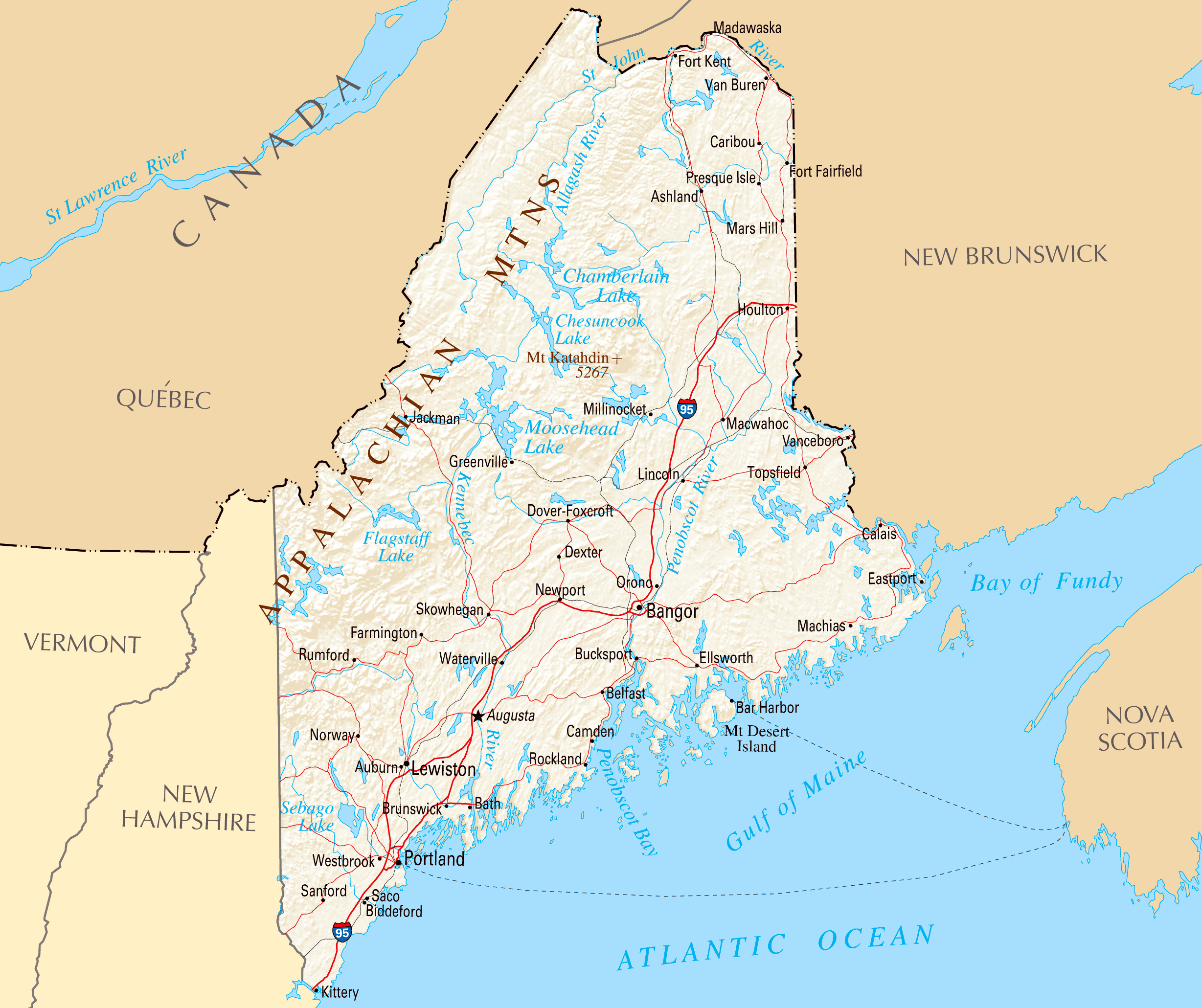 Large map of Maine state with relief, highways and major cities