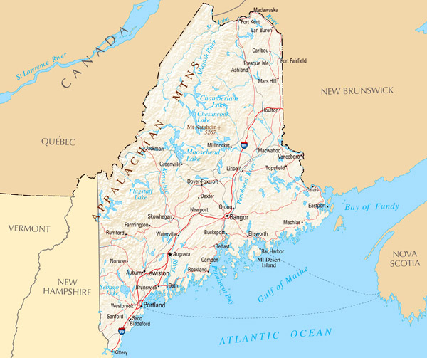 Large map of Maine state with relief, highways and major cities.