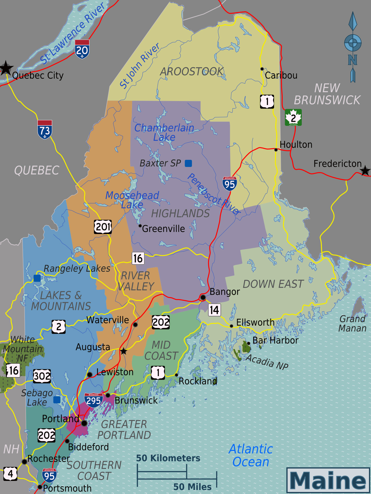 Large regions map of Maine state. Maine state large regions map