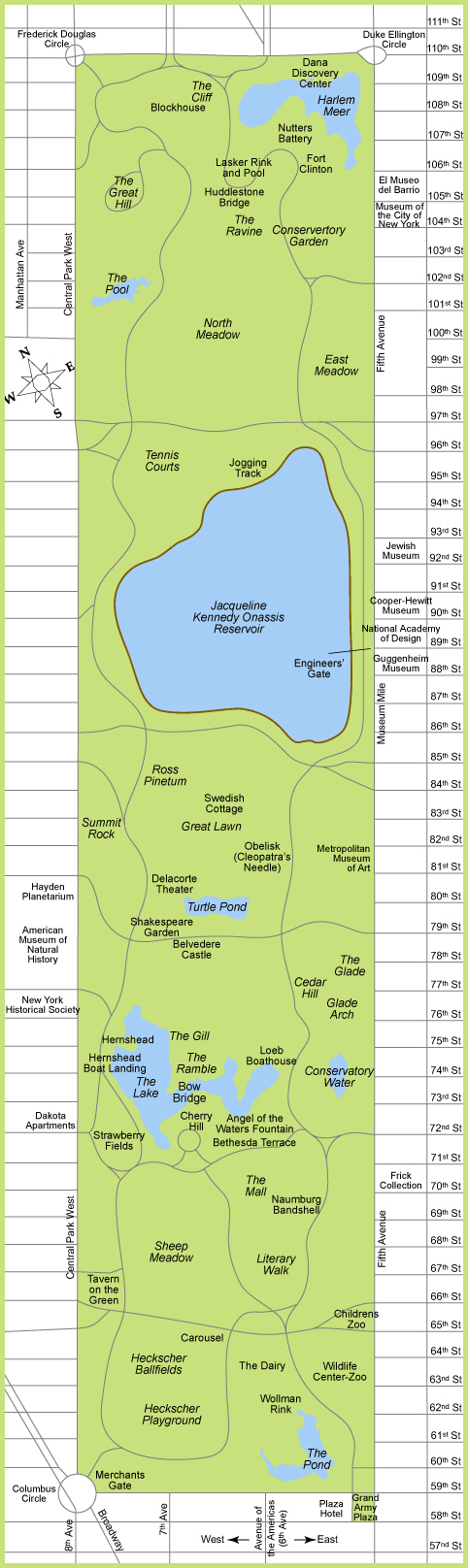 Map of Central Park NYC. New York city Central Park map.