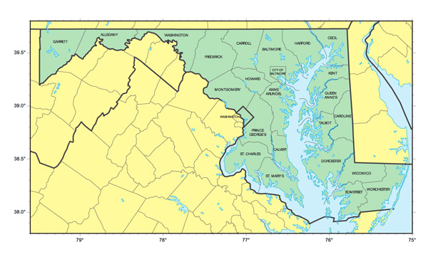 Detailed administrative map of Maryland state.