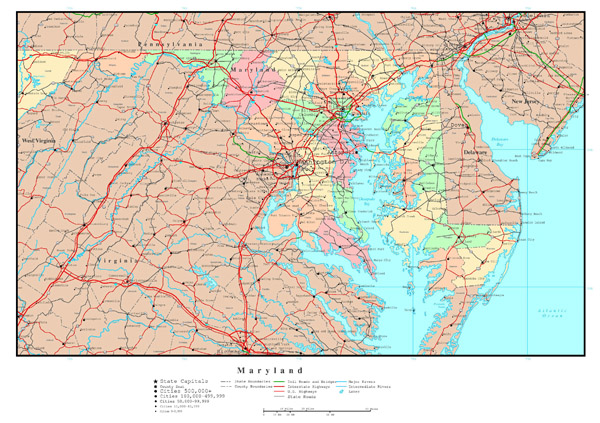 Large detailed administrative map of Maryland with highways, roads and cities.