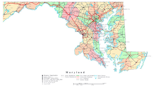 Large detailed administrative map of Maryland with roads and cities.