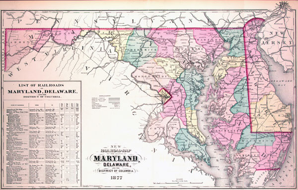 Large detailed old administrative map of Maryland and Delaware with railroads - 1877.