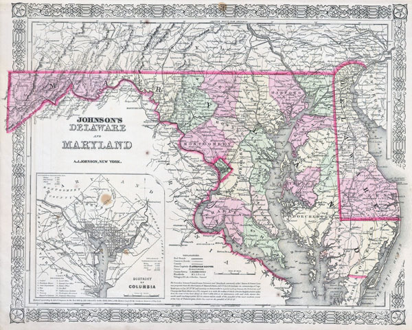 Large detailed old administrative map of Maryland and Delaware with roads and cities - 1864.
