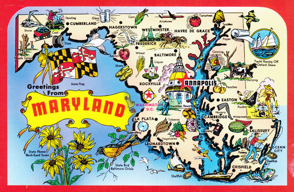 Large detailed tourist illustrated map of Maryland state.