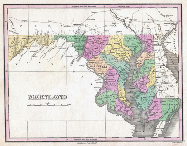 Large old administrative map of Maryland state - 1827.