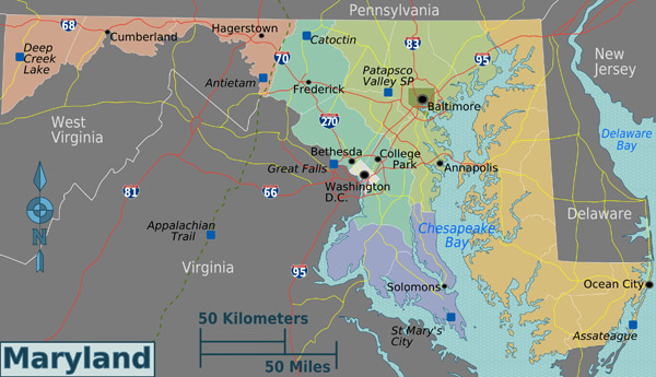 Large regions map of Maryland state. Maryland state large regions map.