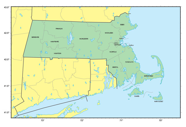 Detailed administrative map of Massachusetts state.