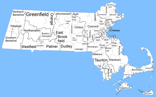 Large administrative map of Massachusetts state.
