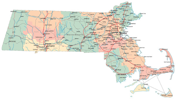 Large administrative map of Massachusetts state with roads, highways and major cities.