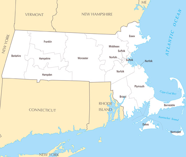 Large detailed administrative map of Massachusetts state.