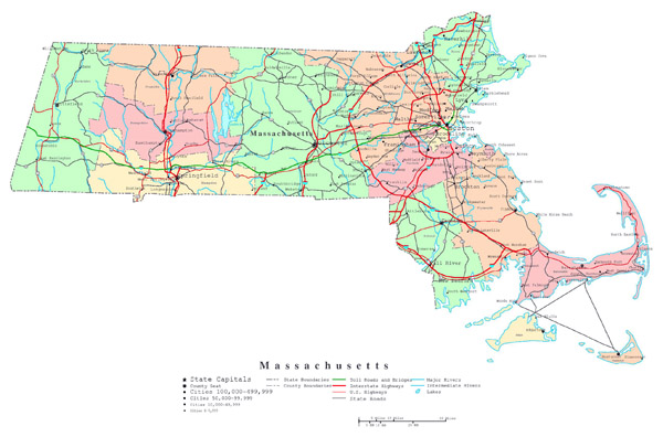 Large detailed administrative map of Massachusetts state with roads, highways and cities.