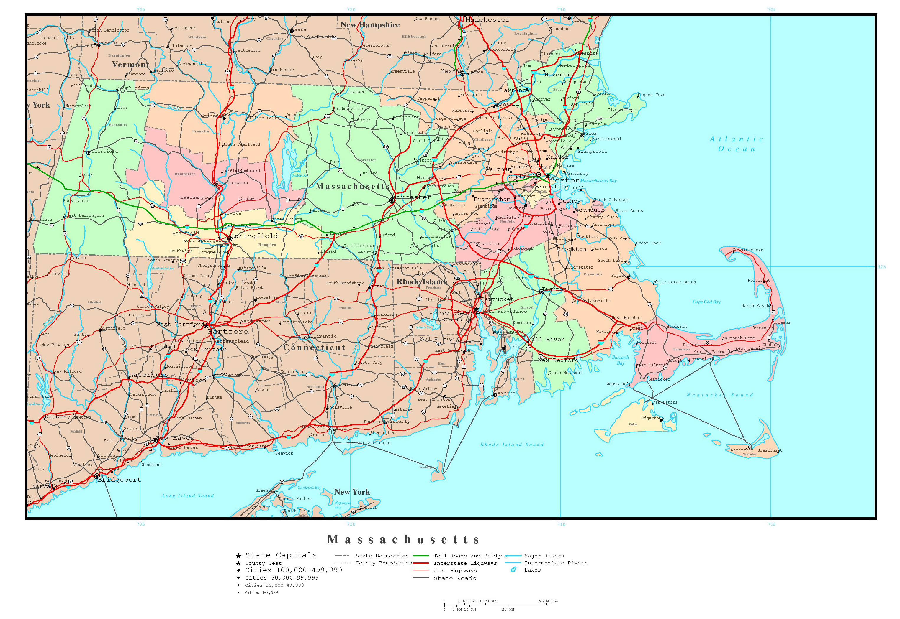 Large detailed administrative map of Massachusetts state with roads, highways and ...3050 x 2100