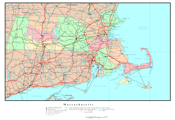 Large Detailed Administrative Map Of Massachusetts State With Roads