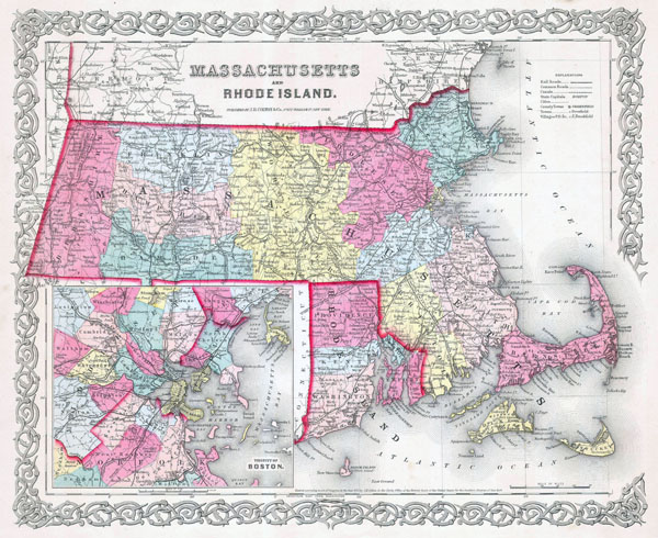 Large detailed old administrative map of Massachusetts and Rhode Island states with roads and cities - 1855.