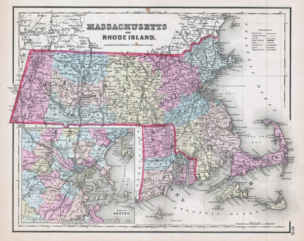 Large detailed old administrative map of Massachusetts and Rhode Island with roads and cities - 1857.