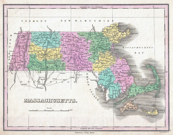 Large detailed old administrative map of Massachusetts state - 1827.