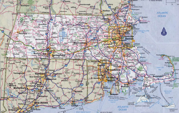 Large detailed roads and highways map of Massachusetts state with all cities.