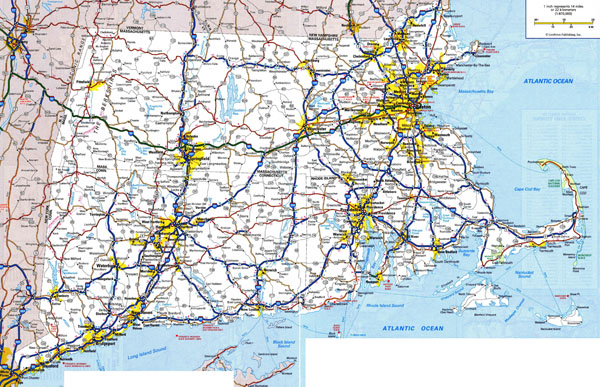 Large detailed roads and highways map of Massachusetts state with all cities and villages.