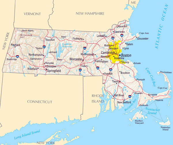 Large map of Massachusetts state with relief, highways and major cities.